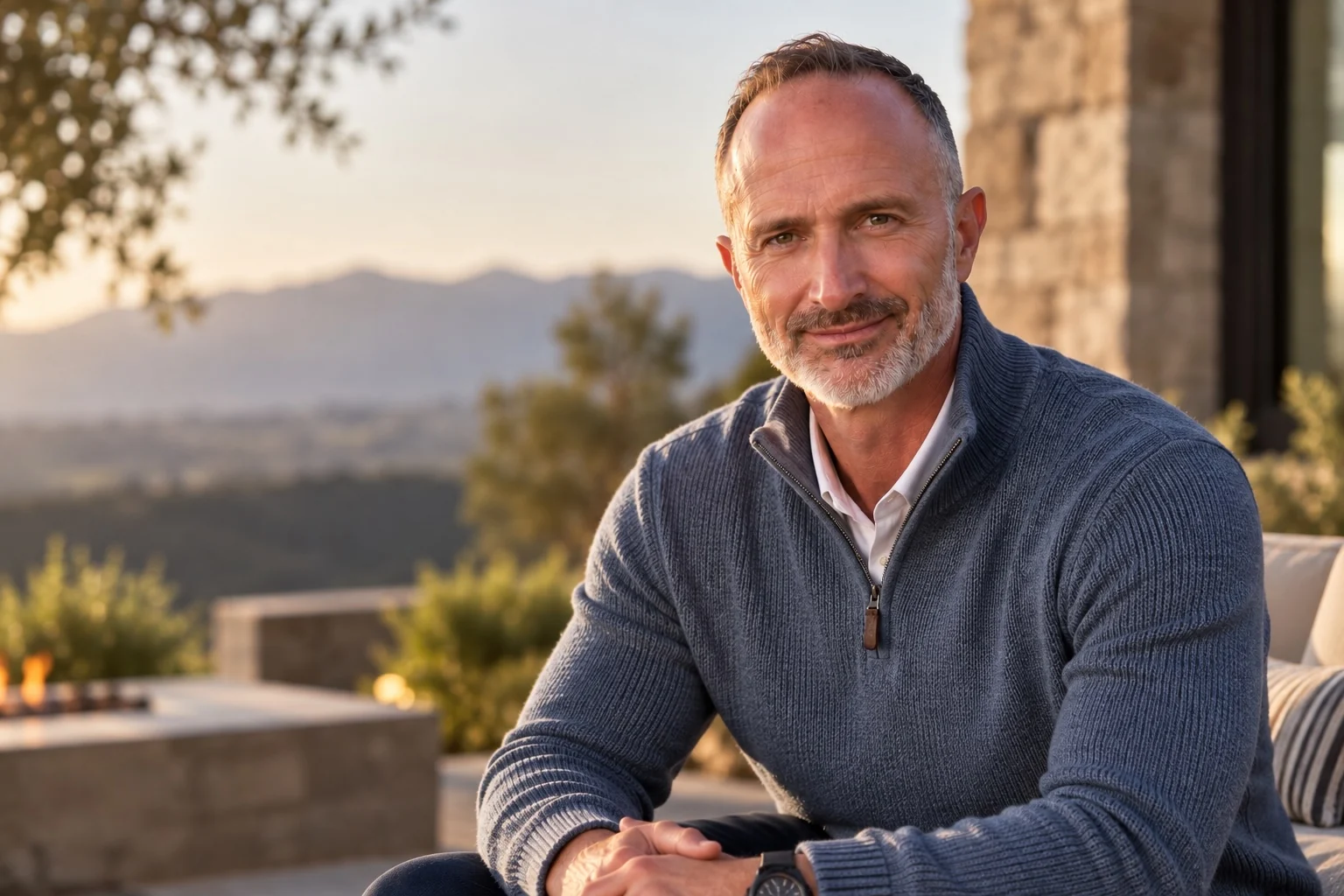 Doug Dolan seated outdoors in a blue pullover