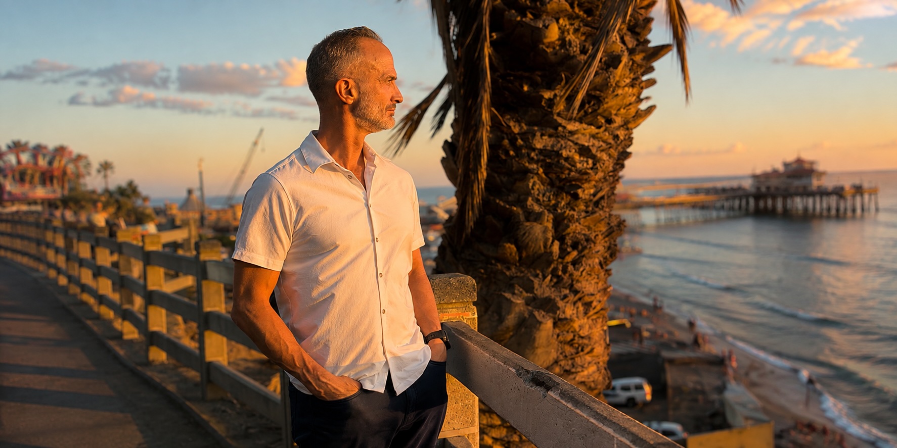 Doug Dolan looking toward the ocean at golden hour