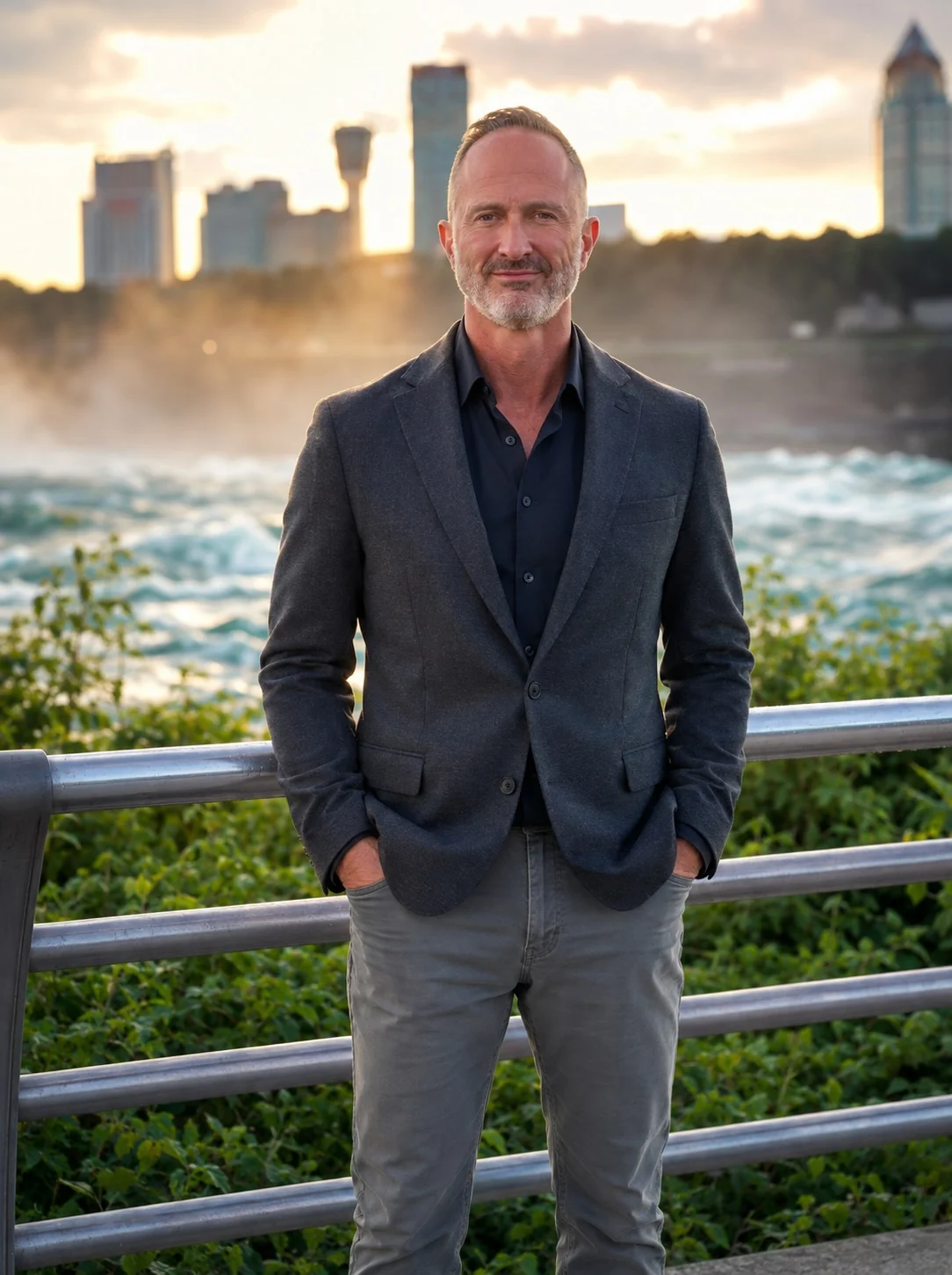 Doug Dolan in a blazer beside the water