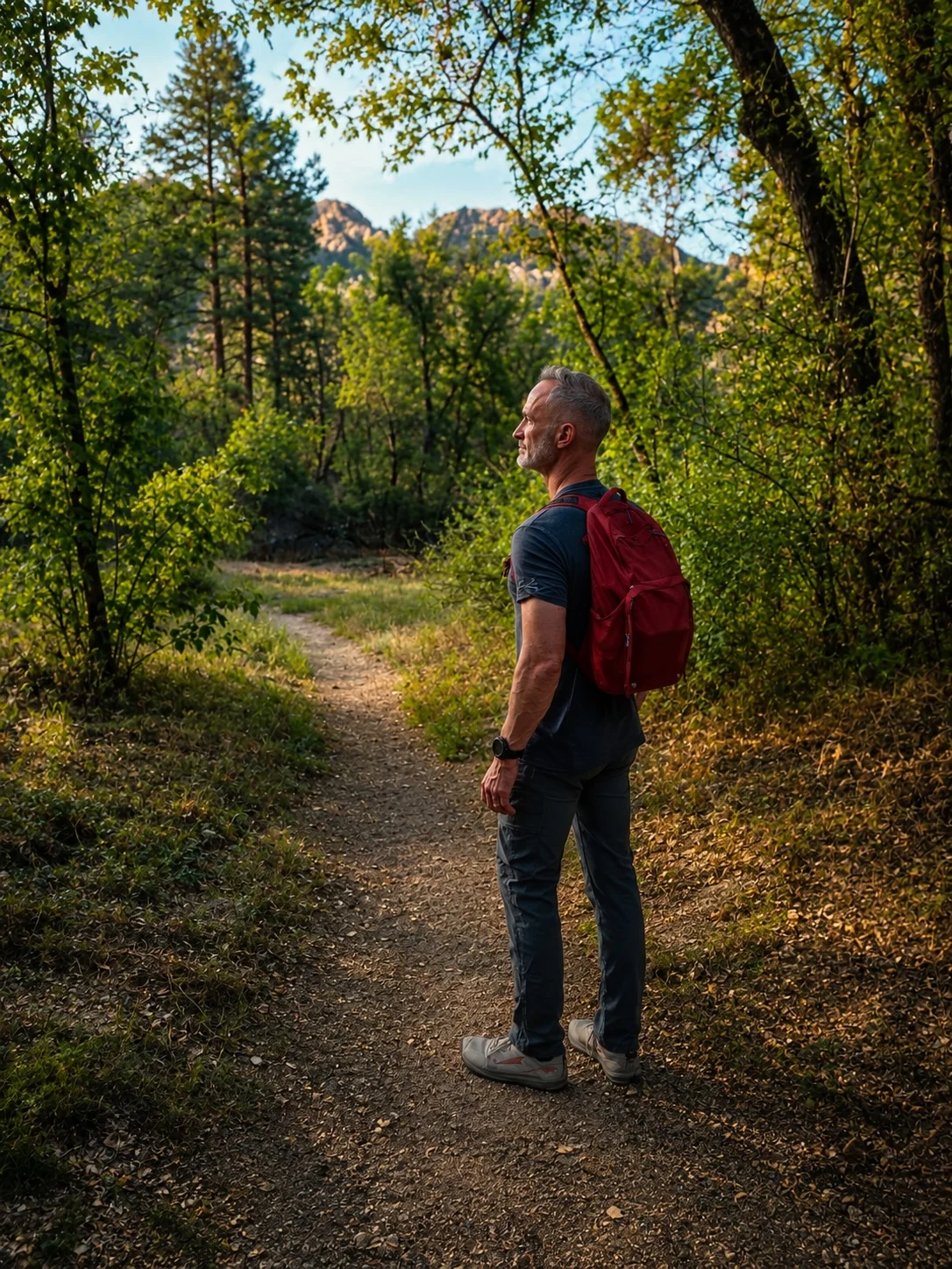 Doug on a forest trail with a red backpack