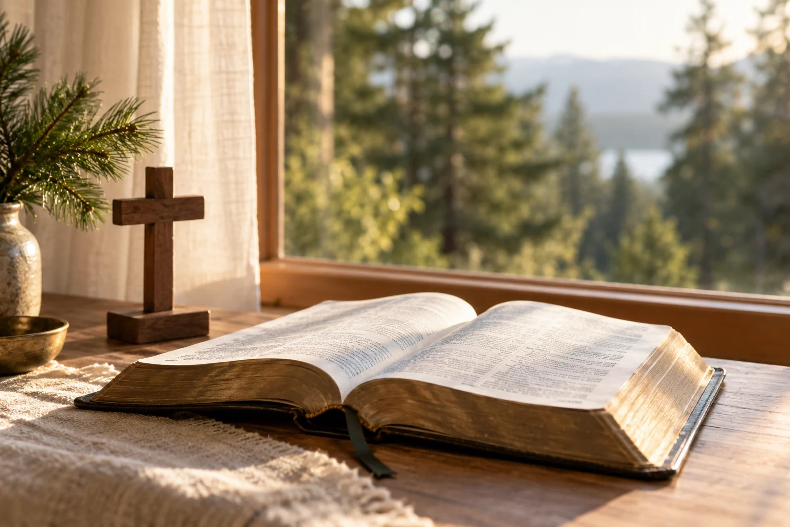 An open Bible and simple wooden cross in warm window light