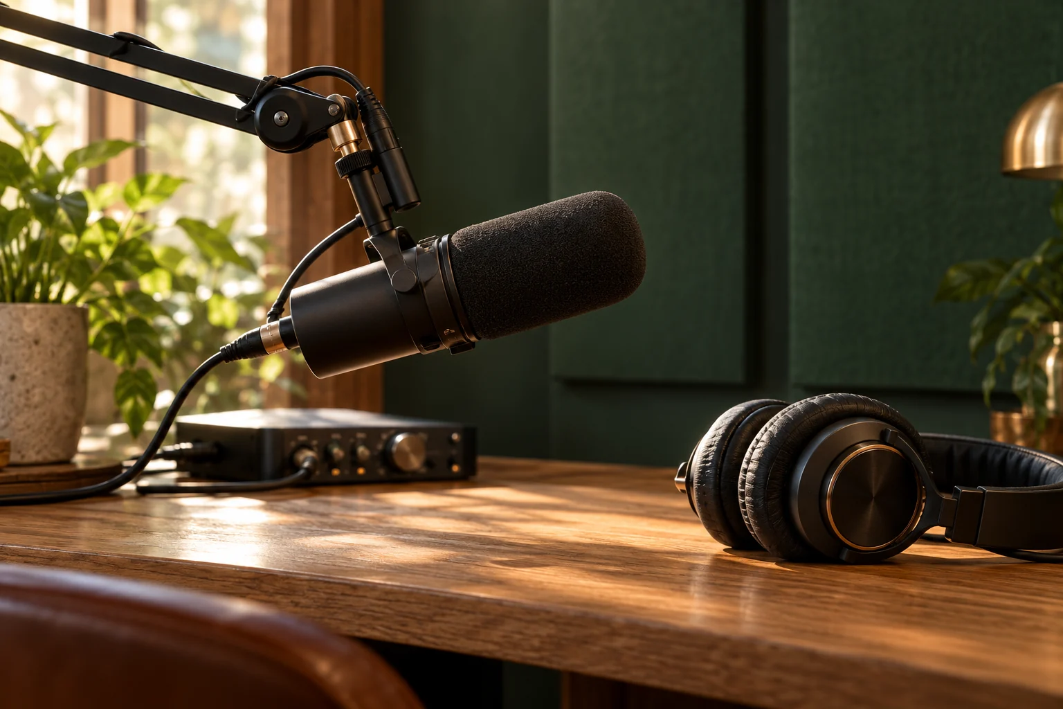 Podcast microphone, headphones, and audio recording equipment