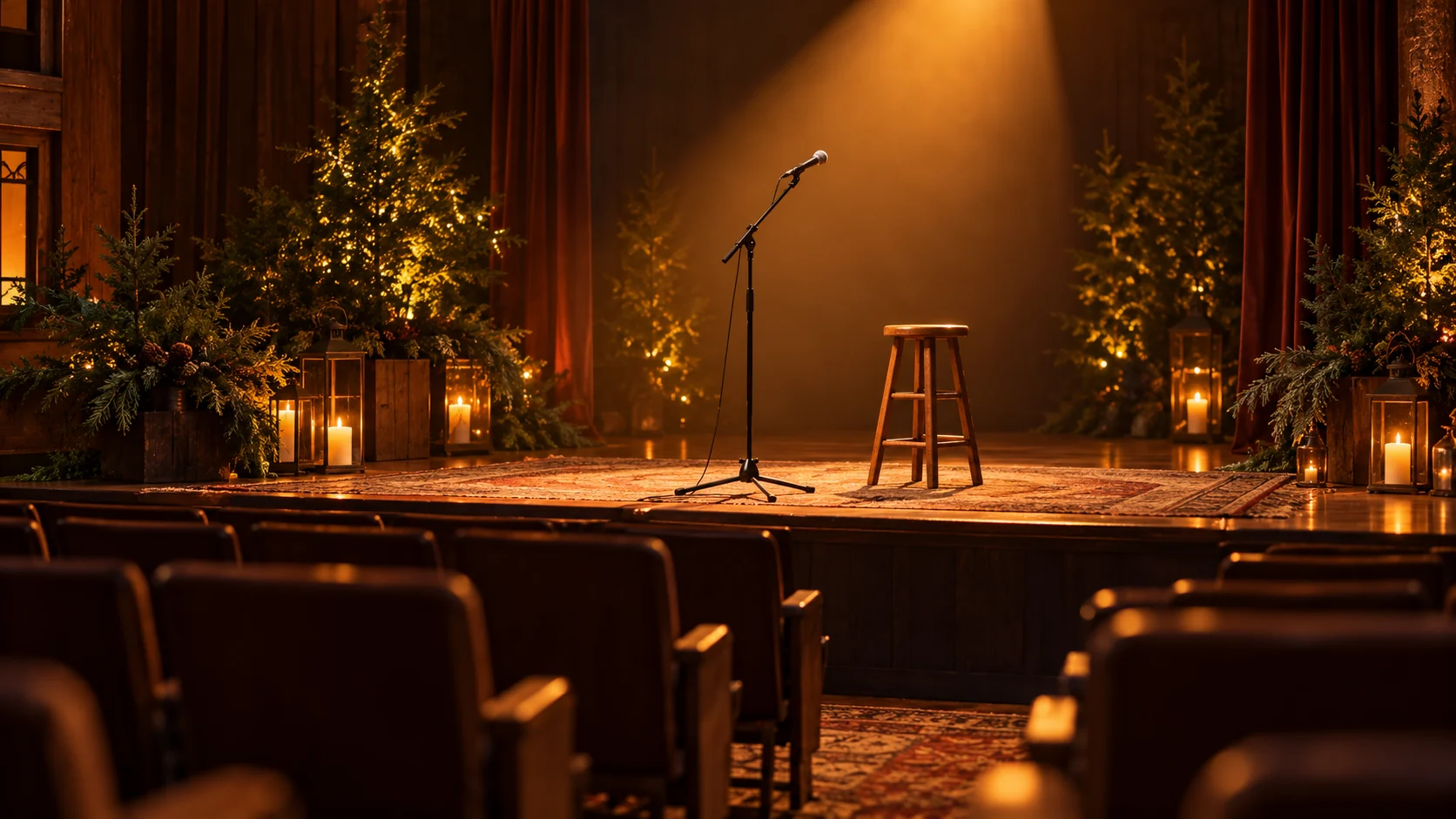 Microphone and stool on a warmly lit stage