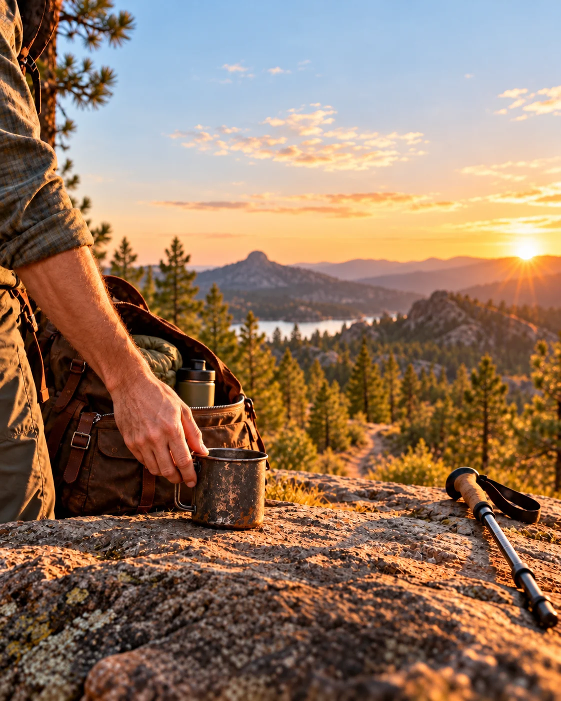 A hiker considering worn tools and equipment on a granite overlook